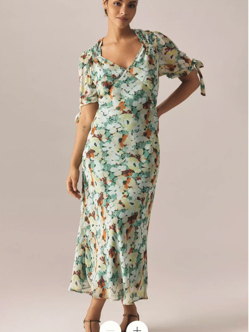 Anthropologie Green Floral Short Sleeve V-Neck Bias Slip Dress